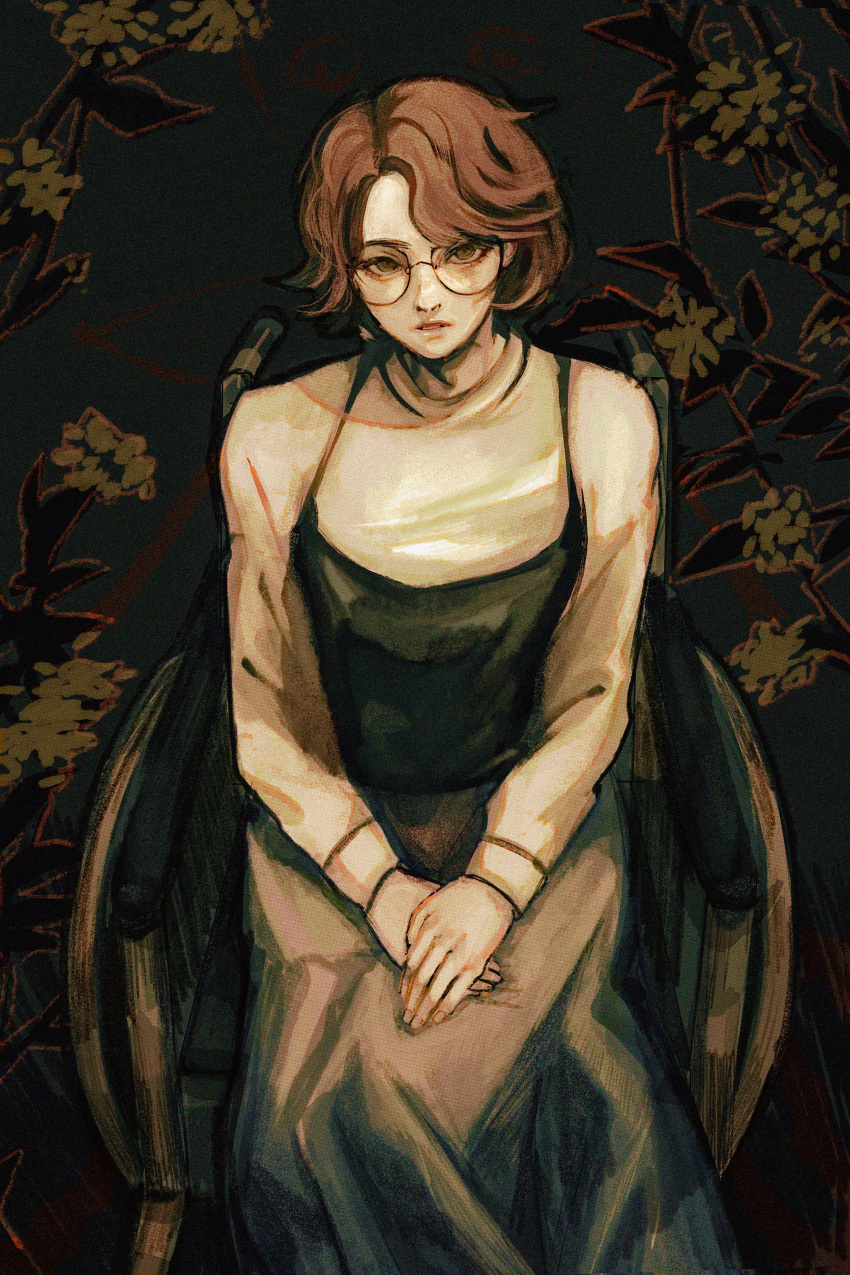 1girl absurdres brown_hair dress fear_&amp;_hunger fear_&amp;_hunger_2:_termina feet_out_of_frame glasses hands_on_lap hashtag-only_commentary highres lazeuli long_dress long_sleeves looking_at_viewer olivia_(fear_&amp;_hunger) parted_lips sepia short_hair sitting solo wheelchair