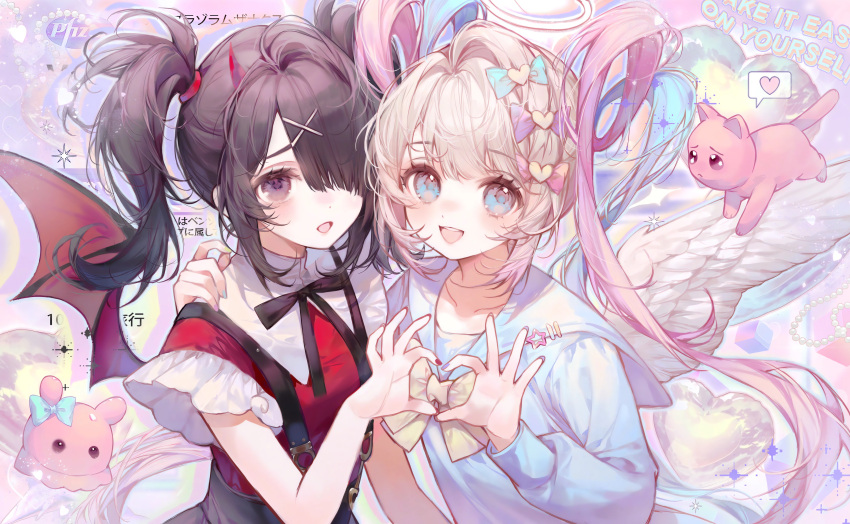 2girls :d absurdres ame-chan_(needy_girl_overdose) angel_and_devil angel_wings black_hair black_ribbon blonde_hair blue_bow blue_eyes blue_hair blue_shirt bow cat chinese_commentary chouzetsusaikawa_tenshi-chan commentary_request demon_horns demon_wings dual_persona feathered_wings hair_bow hair_ornament hair_over_one_eye halo hand_on_another's_shoulder hand_up hands_up heart heart_hands heart_hands_duo highres horns ling_ling_miao_jiao_cui long_hair long_sleeves looking_at_viewer multicolored_hair multiple_girls neck_ribbon needy_girl_overdose octopus open_mouth pien_cat_(needy_girl_overdose) pink_bow pink_hair purple_bow quad_tails red_shirt red_wings ribbon sailor_collar shirt smile suspenders twintails upper_body violet_eyes white_wings wings x_hair_ornament