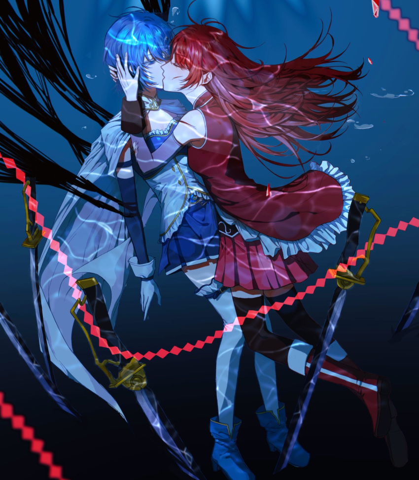 2girls air_bubble black_thighhighs blue_eyes blue_footwear blue_hair blue_shirt blue_skirt boots bubble chinese_commentary closed_eyes commentary_request detached_sleeves gloves highres kiss long_hair mahou_shoujo_madoka_magica mahou_shoujo_madoka_magica_(anime) miki_sayaka multiple_girls pleated_skirt red_footwear red_shirt red_skirt redhead sakura_kyoko scar scar_on_arm scar_on_face shirt short_hair skirt sword thigh-highs tianzhongdouyi1 torn_clothes underwater weapon white_gloves white_thighhighs yuri