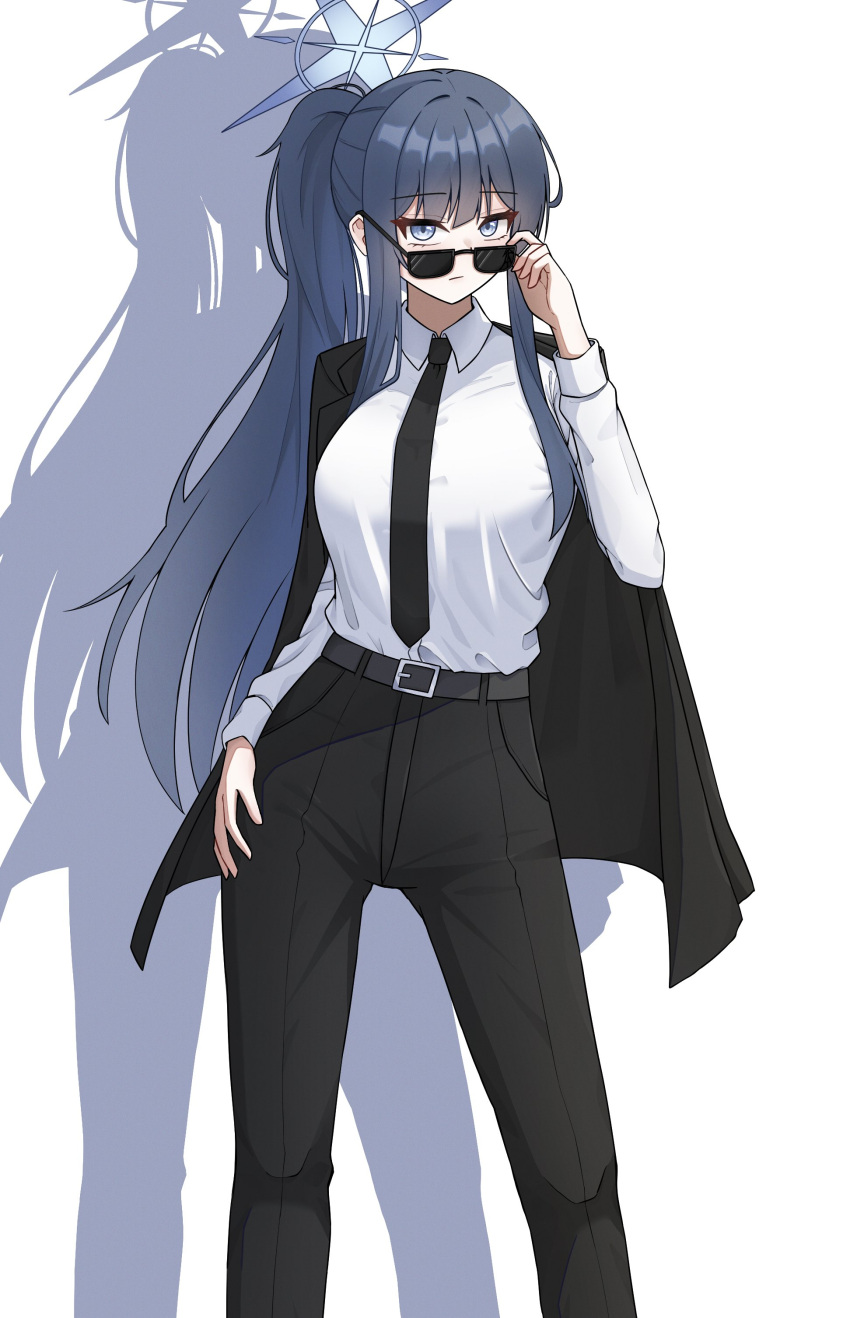 1girl :/ absurdres adjusting_eyewear belt black_belt black_necktie black_pants black_suit blue_archive blue_hair breasts closed_mouth collared_shirt contrapposto crooked_eyewear feet_out_of_frame half_updo hand_on_eyewear hand_on_own_hip highres jacket jacket_on_shoulders large_breasts legs_apart long_bangs long_hair mollra necktie open_clothes open_jacket pants ponytail saori_(blue_archive) shirt shirt_tucked_in sidelocks simple_background sleeve_cuffs solo suit sunglasses very_long_hair white_background white_shirt