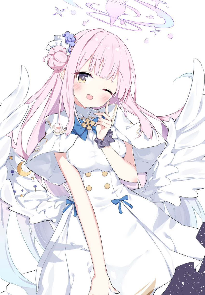 1girl angel_wings blue_archive blush breasts capelet commentary_request crescent crescent_pin dress feathered_wings flower hair_bun hair_flower hair_ornament halo highres large_breasts long_hair looking_at_viewer mika_(blue_archive) one_eye_closed open_mouth pink_hair pink_halo purple_flower simple_background single_side_bun smile solo suta0822 white_background white_capelet white_dress white_wings wings yellow_eyes