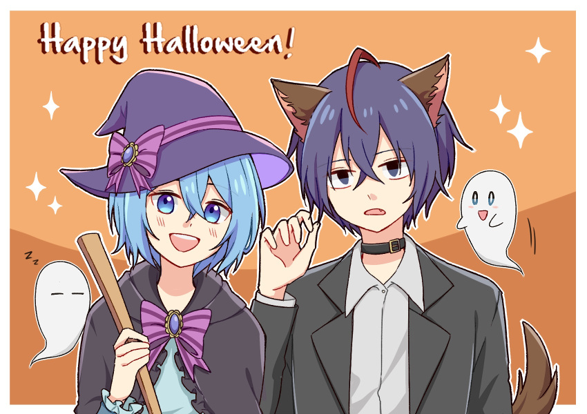 1boy 1girl alternate_costume animal_ears belt_collar biyo black_capelet black_collar black_eyes black_suit blue_eyes blue_hair border bow broom capelet claire_elford collar collared_shirt dark_blue_hair fake_animal_ears fake_tail fang gem ghost grey_shirt hair_between_eyes halloween halloween_costume hand_up happy_halloween hat hat_bow highres holding holding_broom looking_at_viewer multicolored_hair open_mouth orange_background outline paw_pose purple_bow purple_hat redhead shirt short_hair single_hair_tube sparkle streaked_hair striped_bow suit tail teeth upper_teeth_only white_border white_outline white_shirt wilardo_adler witch's_heart witch_hat zzz