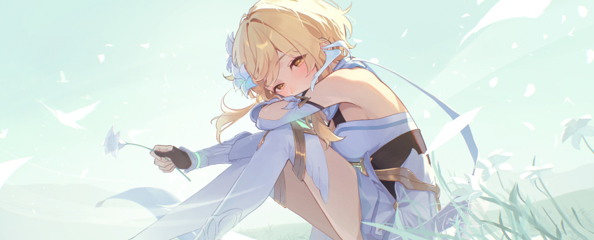 arms_on_knees bare_shoulders black_gloves blonde_hair breasts commentary_request covered_mouth detached_sleeves dress feather_hair_ornament feathers flower fomnant genshin_impact gloves hair_flower hair_ornament half-closed_eyes head_rest highres holding holding_flower knees_up looking_at_viewer lumine_(genshin_impact) medium_breasts outdoors partially_fingerless_gloves scarf short_dress short_hair_with_long_locks solo white_dress white_flower white_scarf white_sleeves yellow_eyes