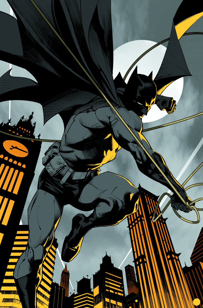 1boy abs absurdres batman batman_(series) belt black_cape bodysuit building cape city clenched_hands clock clock_tower cowl dan_mora dc_comics english_commentary full_moon grey_bodysuit grey_sky highres holding holding_rope horns male_focus mask moon muscular muscular_male night night_sky outdoors rope sky skyscraper solo superhero_costume tower utility_belt white_eyes