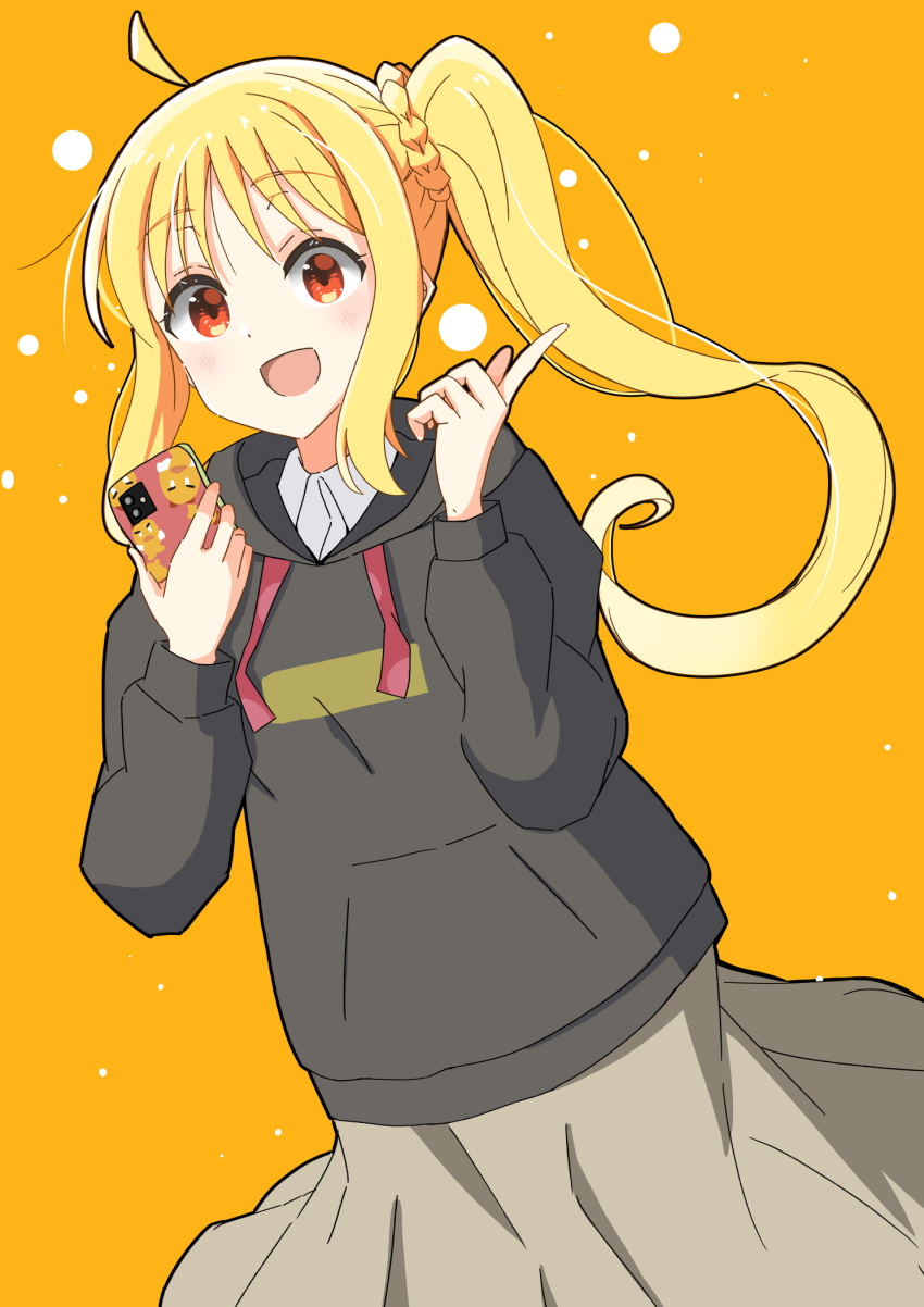1girl :d ahoge blonde_hair bocchi_the_rock! cellphone highres holding holding_phone ijichi_nijika index_finger_raised kur0u long_hair long_sleeves looking_at_viewer open_mouth phone red_eyes side_ponytail skirt smartphone smile solo sweater yellow_background