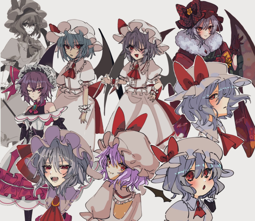1girl :d ascot bat_wings black_bow black_hat black_kimono blue_gemstone blush bow brooch clothing_cutout collar collared_shirt dress fangs frilled_collar frilled_cuffs frilled_dress frilled_skirt frills fur-trimmed_kimono fur_trim gem hair_between_eyes hat hat_bow highres hua88331 japanese_clothes jewelry kimono looking_at_viewer mob_cap one_eye_closed pink_hat pink_shirt pink_skirt polka_dot polka_dot_bow puffy_short_sleeves puffy_sleeves purple_hair red_ascot red_bow red_eyes red_gemstone remilia_scarlet shirt short_hair short_sleeves shoulder_cutout sidelocks simple_background skirt skirt_set sleeveless sleeveless_shirt smile sweatdrop touhou vampire white_background white_dress wings wrist_cuffs