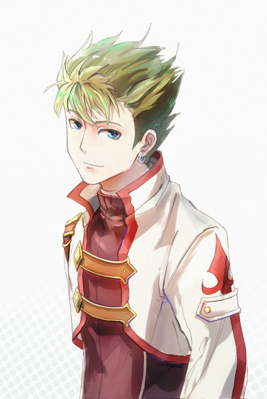 1boy blue_eyes cropped_jacket earrings eiyuu_densetsu ffuald1013 green_hair highres jewelry kevin_graham looking_at_viewer male_focus portrait simple_background smile solo sora_no_kiseki spiky_hair upper_body white_background