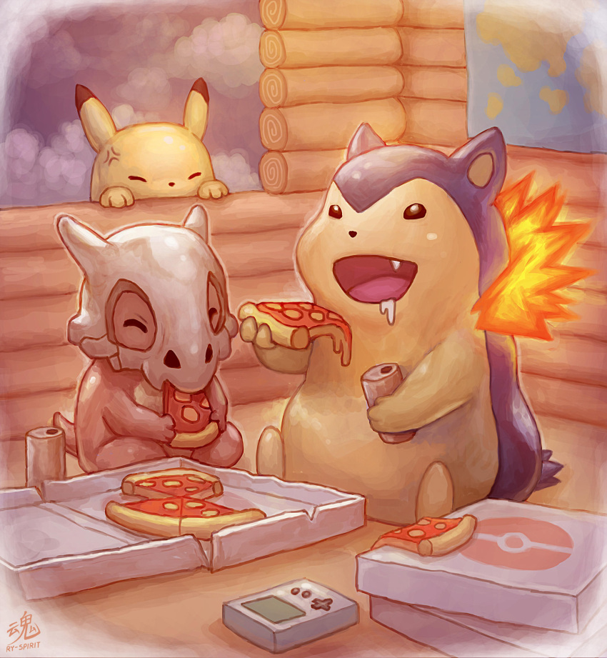 absurdres anger_vein black_eyes black_fur brown_fur can closed_eyes cubone drink_can drooling fang fire food game_boy game_boy_(original) handheld_game_console highres holding holding_can holding_food holding_pizza indoors log_cabin map mask no_humans open_mouth pikachu pizza pizza_box pizza_slice pokemon pokemon_(creature) ry-spirit signature sitting skull skull_mask smile soda_can two-tone_fur typhlosion window yellow_fur