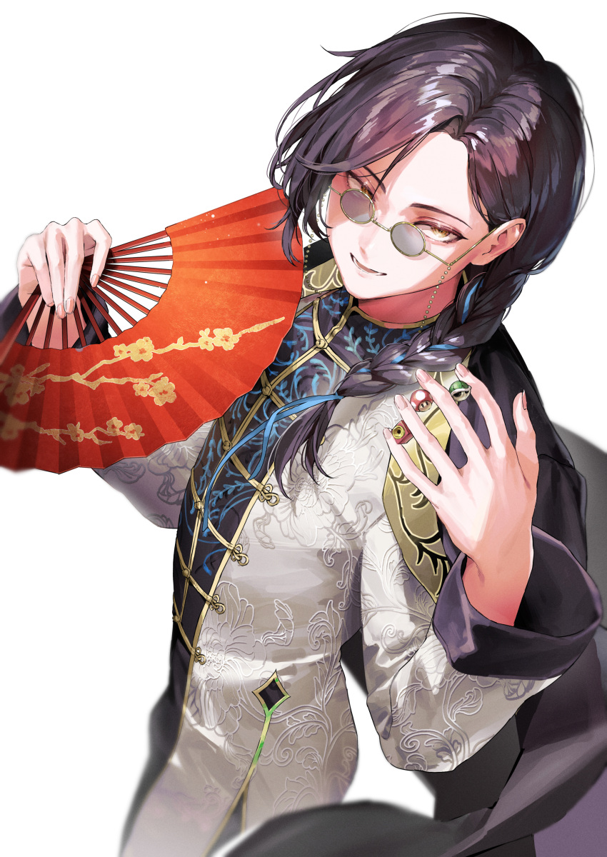 1boy :d absurdres balcony black_hair blue_hair braid brown_eyes chinese_clothes hand_fan highres holding holding_fan kuroi_suna long_hair looking_at_viewer male_focus multicolored_hair nijisanji paper_fan shellin_burgundy simple_background smile solo sunglasses two-tone_hair virtual_youtuber white_background