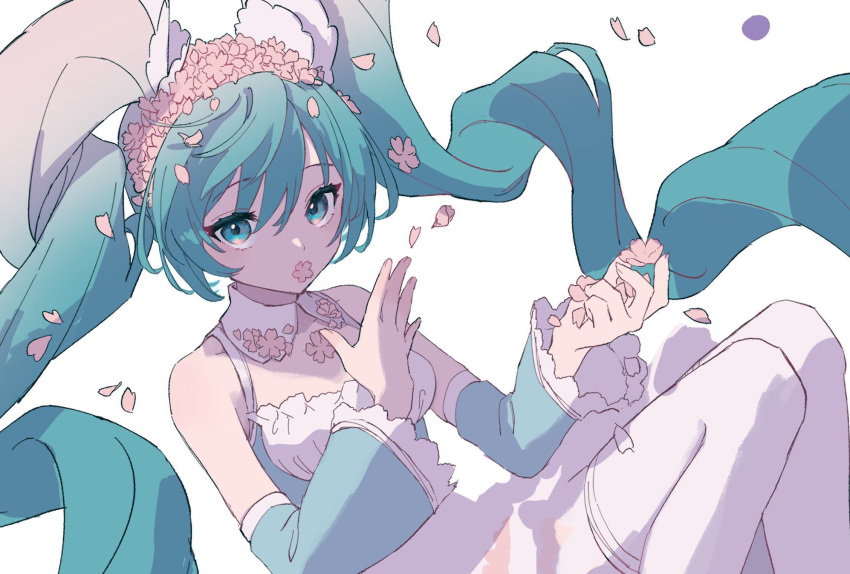 1girl aqua_eyes aqua_hair aqua_sleeves cherry_blossoms collar commentary_request detached_collar detached_sleeves dress falling_petals feet_out_of_frame floating gradient_hair hatsune_miku head_wreath highres holding holding_petal long_hair looking_at_viewer multicolored_hair petal_on_face petals shirane_rine simple_background solo thigh-highs twintails very_long_hair vocaloid white_background white_collar white_hair white_thighhighs