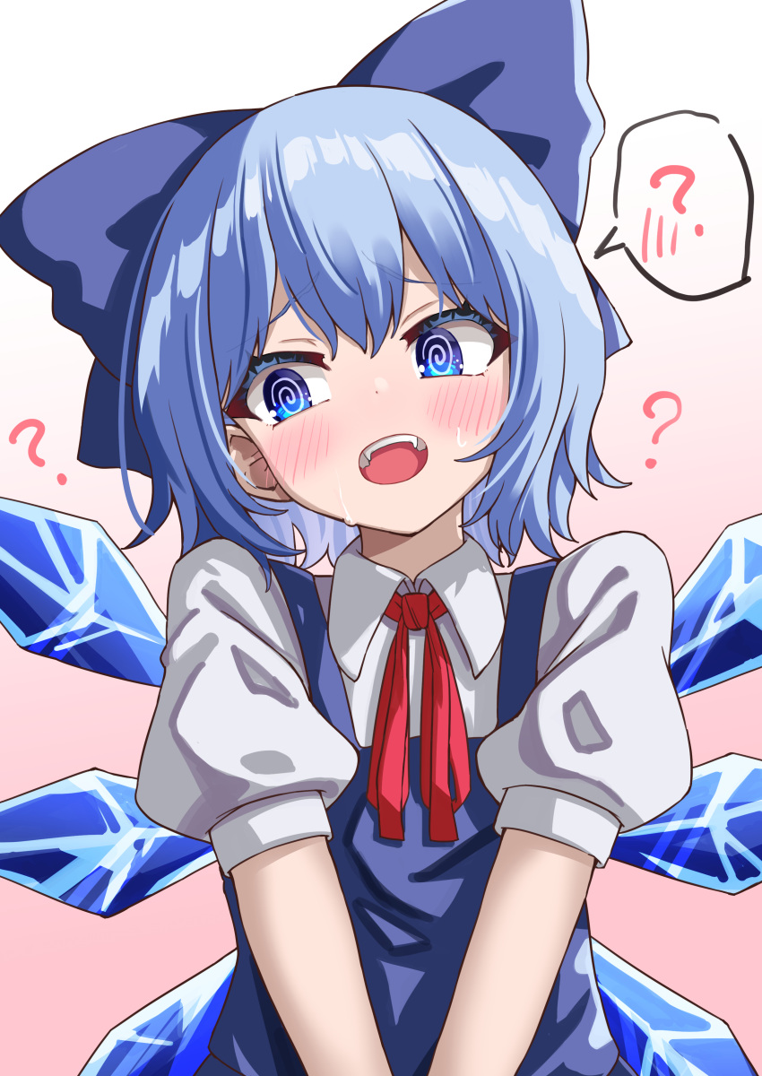 1girl ? @_@ absurdres blue_bow blue_dress blue_eyes blue_hair blush bow cirno collared_shirt commentary_request detached_wings dress hair_bow highres ice ice_wings kabi_killer medium_hair open_mouth pinafore_dress puffy_short_sleeves puffy_sleeves shirt short_sleeves sleeveless sleeveless_dress solo speech_bubble sweat touhou white_shirt wings