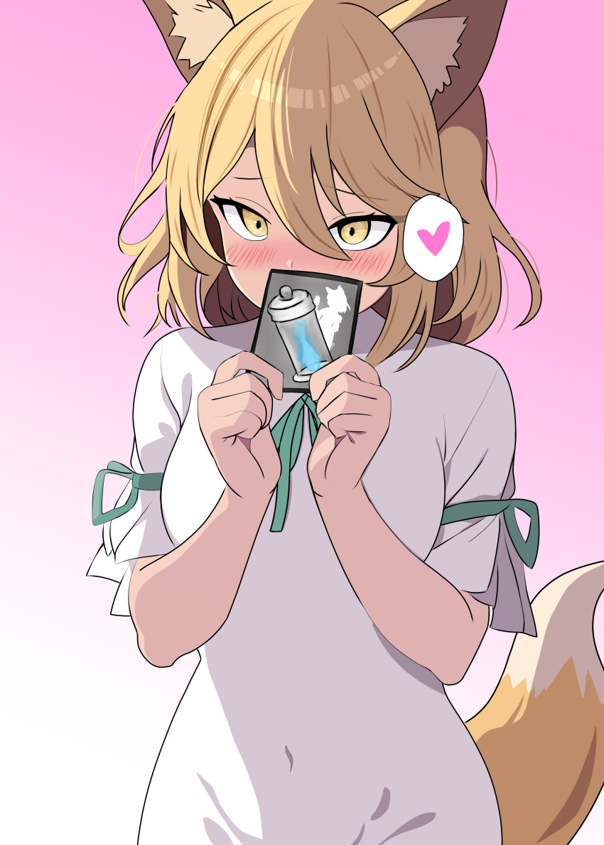 1girl ability_card_(touhou) absurdres animal_ears blonde_hair blush breasts card commentary_request covered_mouth covered_navel embarrassed fox_ears fox_girl fox_tail gradient_background green_ribbon grey_background hair_between_eyes heart heart_print highres holding holding_card kudamaki_tsukasa looking_at_viewer mandarin_collar medium_breasts medium_hair nara_(gsx250r_anzio) nose_blush pink_background ribbon romper short_sleeves shy simple_background solo spoken_heart tail touhou tsurime upper_body upturned_eyes white_romper yellow_eyes