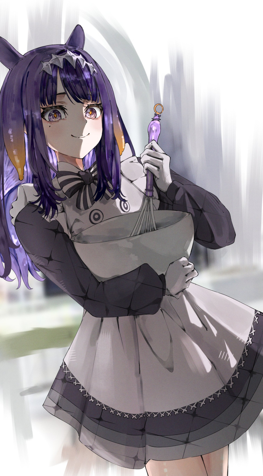 1girl absurdres apron black_dress bowl dress gloves highres holding holding_bowl holding_whisk hololive hololive_english long_hair looking_at_viewer mole mole_under_eye mouchu ninomae_ina'nis ninomae_ina'nis_(6th_costume) official_alternate_costume smile solo tentacle_hair violet_eyes virtual_youtuber whisk white_apron white_gloves