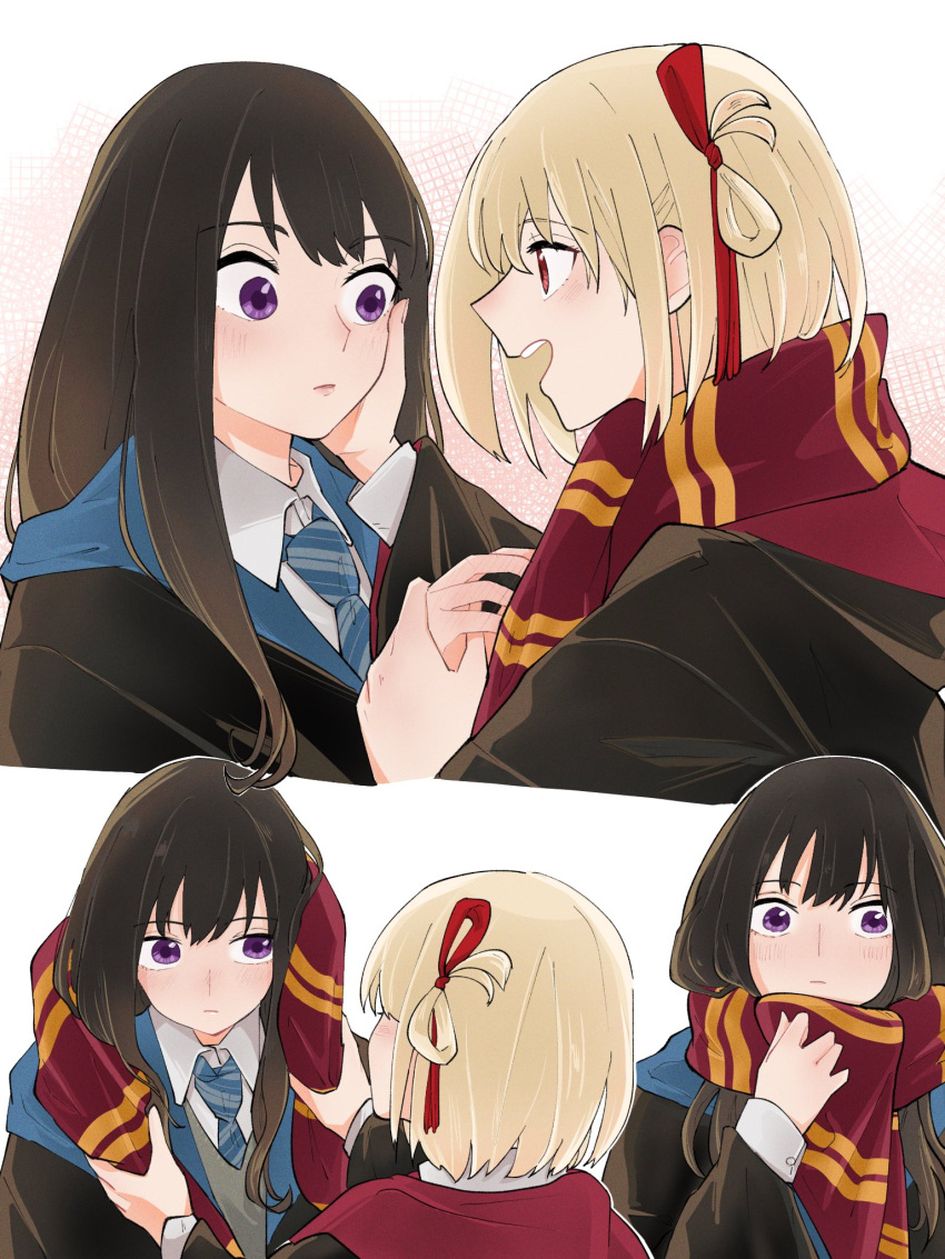 2girls black_hair black_robe blonde_hair blue_necktie blush closed_mouth commentary_request hair_ribbon hand_on_another's_face harry_potter_(series) highres inoue_takina long_hair lycoris_recoil medium_hair multiple_girls necktie nishikigi_chisato one_side_up open_mouth parted_lips red_eyes red_ribbon red_scarf ribbon robe scarf shiratama_draw simple_background smile violet_eyes white_background wizarding_world yuri
