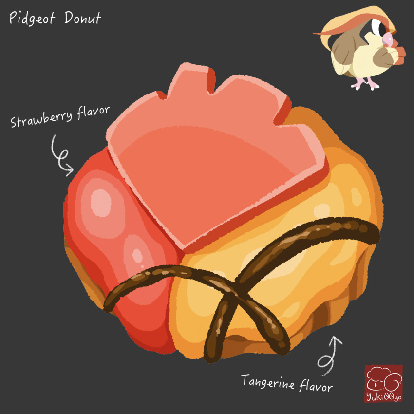 artist_logo artist_name character-themed_food character_name doughnut food food_focus food_name grey_background highres icing no_humans pastry pidgeot pokemon simple_background yuki00yo