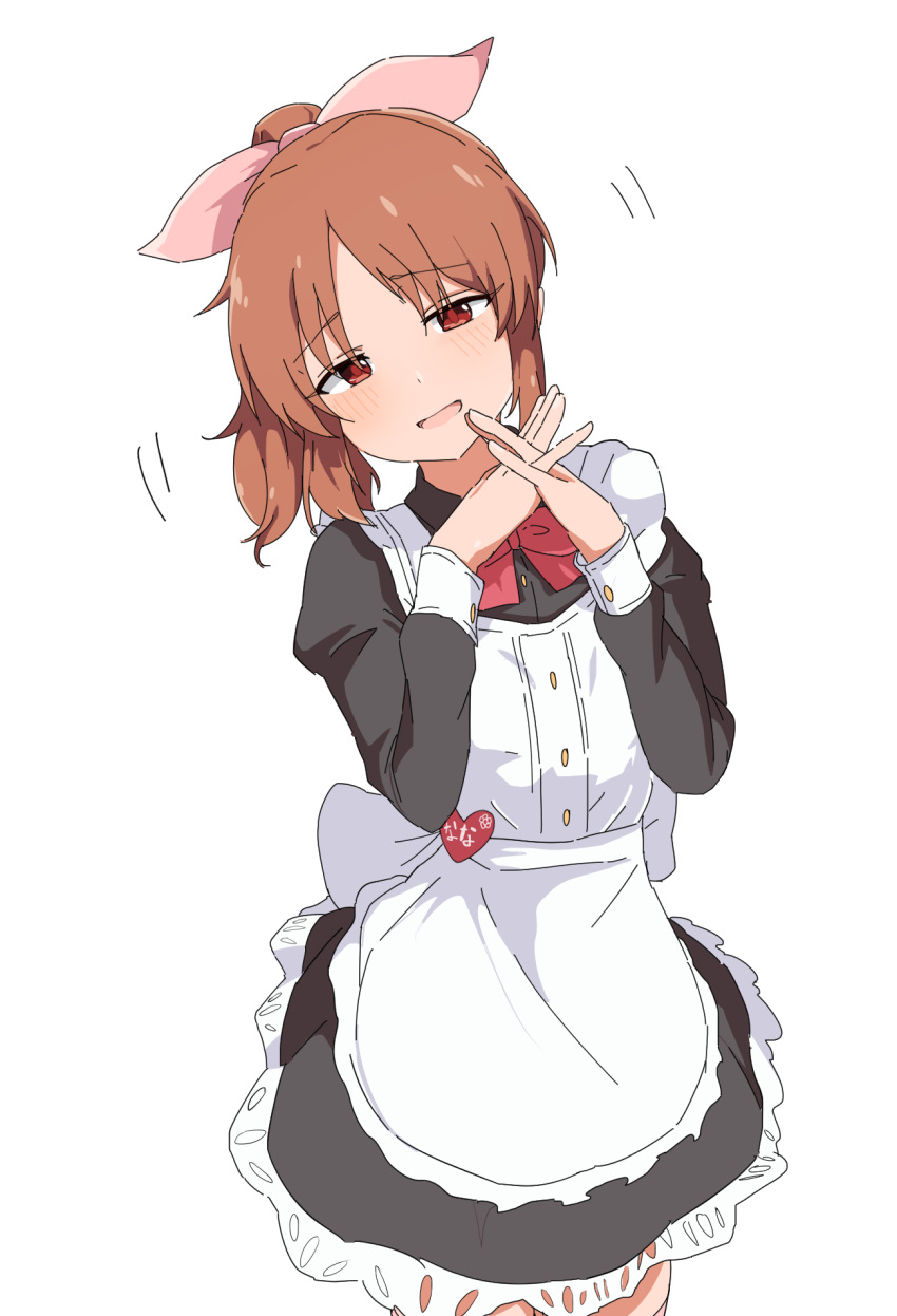1girl abe_nana apron black_dress blush bow bowtie dress head_tilt highres idolmaster idolmaster_cinderella_girls interlocked_fingers long_sleeves looking_at_viewer maid_apron name_tag orange_hair own_hands_together ponytail red_bow red_bowtie simple_background smile solo white_apron white_background wood_pump