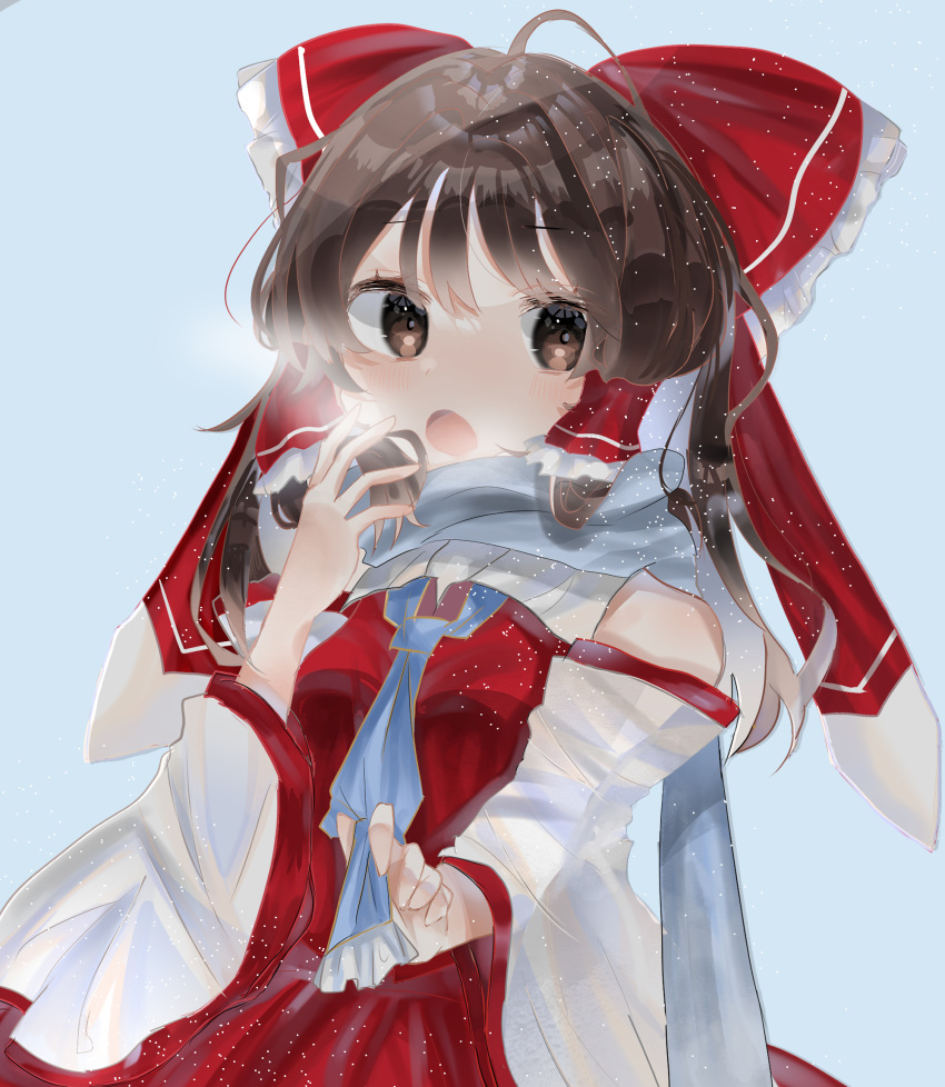 1girl ascot black_eyes black_hair bow detached_sleeves frilled_bow frilled_hair_tubes frills gas hair_bow hair_tubes hakurei_reimu highres open_mouth ramochi red_bow red_skirt ribbon-trimmed_sleeves ribbon_trim scarf skirt skirt_set solo touhou upper_body yellow_ascot