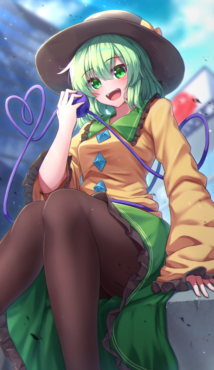 1girl black_hat black_pantyhose blurry blurry_background blush breasts city extra_eyes frilled_skirt frills green_eyes green_hair green_skirt heart highres holding komeiji_koishi long_sleeves looking_at_viewer medium_hair open_mouth pantyhose shirt sitting skirt sleeves_past_wrists small_breasts smile solo teeth touhou upper_teeth_only white_background wide_sleeves yellow_shirt yosshy