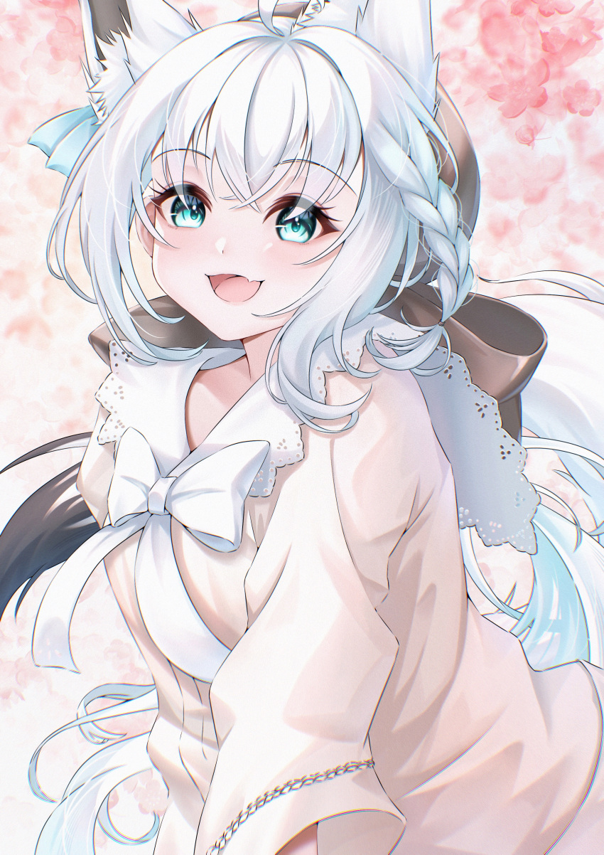 1girl absurdres ahoge animal_ears aqua_eyes blush bow braid cherry_blossoms commentary_request eyelashes fang flower fox_ears fox_girl fox_tail hachi_kyu_shiki happy highres hololive long_eyelashes long_hair looking_at_viewer open_mouth pale_color pink_flower ribbon shirakami_fubuki skin_fang smile solo tail upper_body very_long_hair virtual_youtuber white_bow white_ribbon