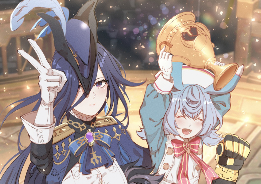 1boy 2girls :d ^_^ ascot blue_ascot blue_capelet blue_dress blue_hair blush bow bowtie capelet clenched_hand clorinde_(genshin_impact) closed_eyes commentary dress genshin_impact gloves hand_up hat highres holding holding_trophy long_hair looking_at_viewer multiple_girls nurse_cap open_mouth out_of_frame pink_bow pink_bowtie rchella shirt sigewinne_(genshin_impact) smile tricorne trophy v very_long_hair violet_eyes white_gloves white_hat white_shirt wriothesley_(genshin_impact)