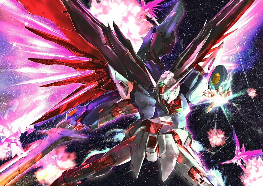 absurdres afterimage battle commentary_request destiny_gundam_spec_ii energy_sword energy_wings explosion glowing glowing_eyes green_eyes gundam gundam_seed gundam_seed_freedom highres holding holding_sword holding_weapon light_particles mecha mechaklear mobile_suit no_humans robot science_fiction solo space star_(sky) sword v-fin weapon