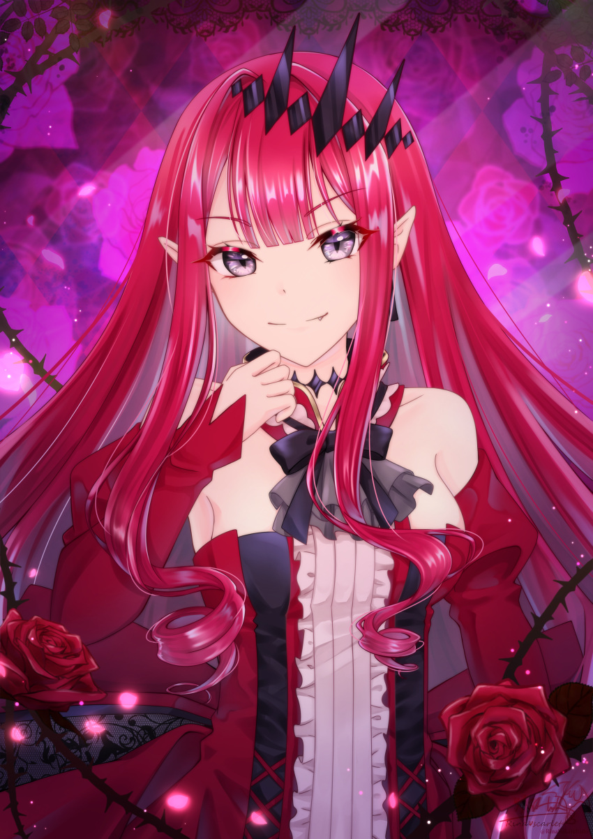 1girl absurdres baobhan_sith_(fate) baobhan_sith_(first_ascension)_(fate) bare_shoulders breasts closed_mouth detached_sleeves dress earrings fang fate/grand_order fate_(series) flower frilled_dress frills grey_eyes hair_ornament hand_up highres jewelry long_hair looking_at_viewer pink_background pink_hair plant pointy_ears red_dress red_flower rina_sukareltuto sidelocks smile solo thorns upper_body vines