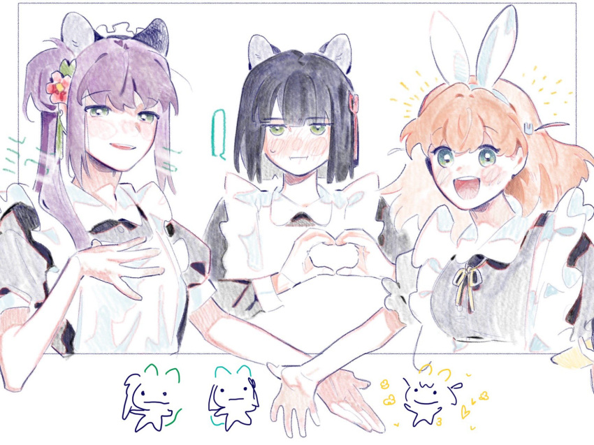 ._. 3girls :d animal_ear_hairband animal_ears black_hair blank_speech_bubble blunt_bangs blunt_ends blush breasts cat_ear_hairband cat_ears cerise_bouquet commentary crossed_bangs doodle_inset fake_animal_ears flower flower_(symbol) flower_knot green_eyes hair_bun hair_flower hair_ornament hairband half-closed_eyes hand_on_own_chest happy_aura heart heart_hands highres hinoshita_kaho link!_like!_love_live! long_hair looking_at_viewer love_live! m1x_mix maid medium_breasts medium_hair momose_ginko multiple_girls nose_blush open_mouth orange_hair otomune_kozue pout purple_hair rabbit_ear_hairband rabbit_ears rabbit_hair_ornament red_flower short_hair side_ponytail sidelocks single_side_bun smile speech_bubble sweatdrop two_side_up virtual_youtuber white_background