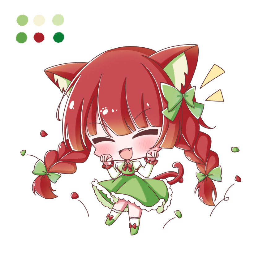 1girl :d absurdres ako_oekaki animal_ear_fluff animal_ears blush bow bowtie braid cat_ears cat_girl cat_tail chibi closed_eyes color_guide commentary_request dress fang frilled_dress frilled_sleeves frills full_body green_bow green_dress hair_bow hands_up highres juliet_sleeves kaenbyou_rin long_hair long_sleeves multiple_tails no_nose notice_lines open_mouth paw_pose puffy_sleeves red_bow red_bowtie red_tail redhead simple_background smile solo standing tail touhou twin_braids two_tails very_long_hair white_background