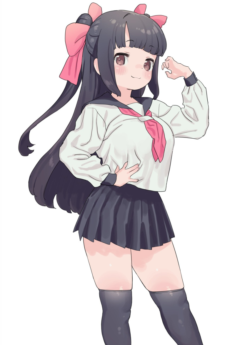 1girl black_hair black_skirt black_thighhighs blush bow brown_eyes commentary hair_bow highres long_hair looking_at_viewer miniskirt mizuno_uchi neckerchief original pleated_skirt school_uniform serafuku simple_background skindentation skirt smile solo symbol-only_commentary thigh-highs thighs two_side_up white_background