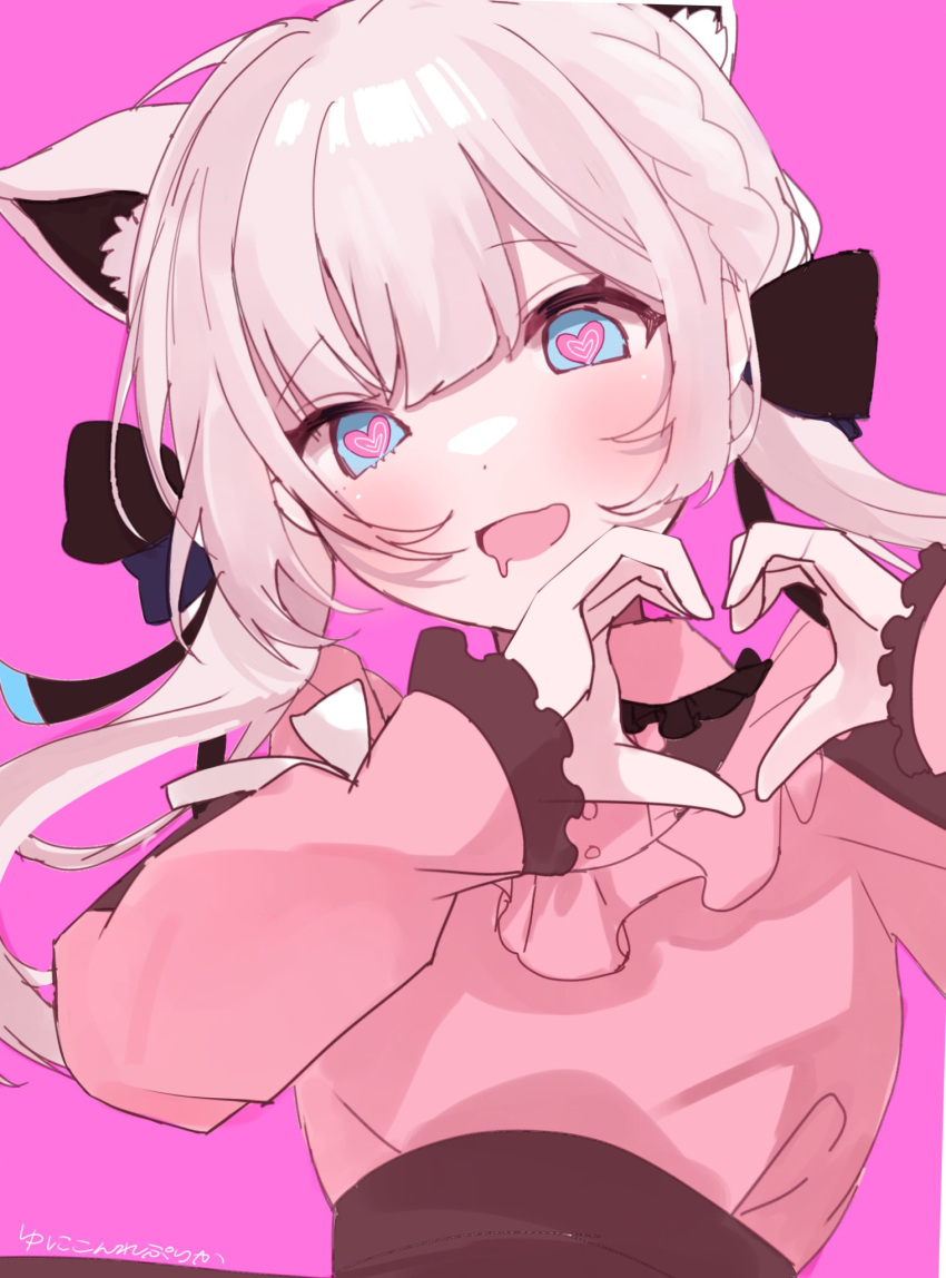 1girl @_@ animal_ears artist_name black_bow blue_eyes bow braid drooling fox_ears fox_girl frilled_shirt_collar frilled_sleeves frills hair_bow heart heart-shaped_pupils heart_hands highres hololive jirai_kei light_blush long_hair open_mouth pink_background pink_shirt replicayunikorn shirakami_fubuki shirt simple_background smile solo symbol-shaped_pupils twintails upper_body virtual_youtuber white_burinyan white_hair