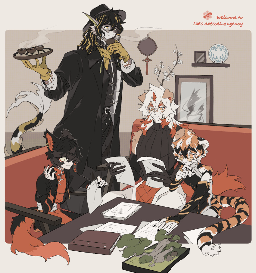 1girl 3boys aak_(arknights) arknights black_coat black_shirt bonsai book cat_boy chinese_clothes closed_mouth coat dog_boy dragon_boy furry furry_female furry_male highres holding holding_paper holding_plate hung_(arknights) lee_(arknights) long_hair multiple_boys paper picture_frame plate scarf shirt sirakaro table tiger_girl tinted_eyewear waai_fu_(arknights) white_hair yellow_scarf