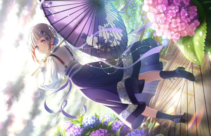 1girl ame_to_ajisai_ni_utaeba_(love_live!) asymmetrical_bangs bob_cut boots clouds cloudy_sky colored_inner_hair cross-laced_footwear diagonal_bangs flower foot_up full_body game_cg grey_hair hair_flower hair_ornament high_heel_boots high_heels highres holding holding_umbrella hydrangea inverted_bob lace-up_boots light_particles link!_like!_love_live! long_skirt long_sleeves looking_at_viewer looking_back love_live! multicolored_hair official_art oil-paper_umbrella parted_lips pink_eyes puffy_long_sleeves puffy_sleeves purple_flower purple_skirt redhead short_hair sidelocks skirt sky solo streaked_hair suspender_skirt suspenders third-party_source umbrella virtual_youtuber yugiri_tsuzuri