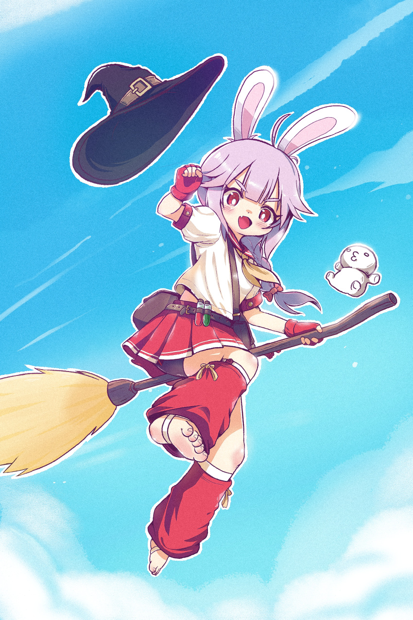 1girl :d absurdres ahoge animal_ears barefoot belt black_hat blue_sky broom broom_riding chinese_commentary clouds commentary_request fang fingerless_gloves full_body gloves hat highres kuma-bound long_hair open_mouth original pouch purple_hair rabbit_ears rabbit_girl red_eyes red_gloves red_leg_warmers red_skirt skin_fang skirt sky smile soles solo toes unworn_hat unworn_headwear vial witch_hat