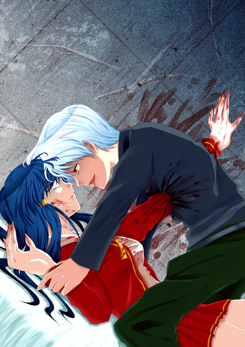 1boy 1girl 201_(yield) amasawa_ikumi black_sweater blood blue_eyes blue_hair boy_(moon) eye_contact hair_ornament hairclip highres injury long_hair looking_at_another moon_(game) pleated_skirt restrained school_uniform skirt smile sweater turtleneck turtleneck_sweater white_hair yellow_eyes