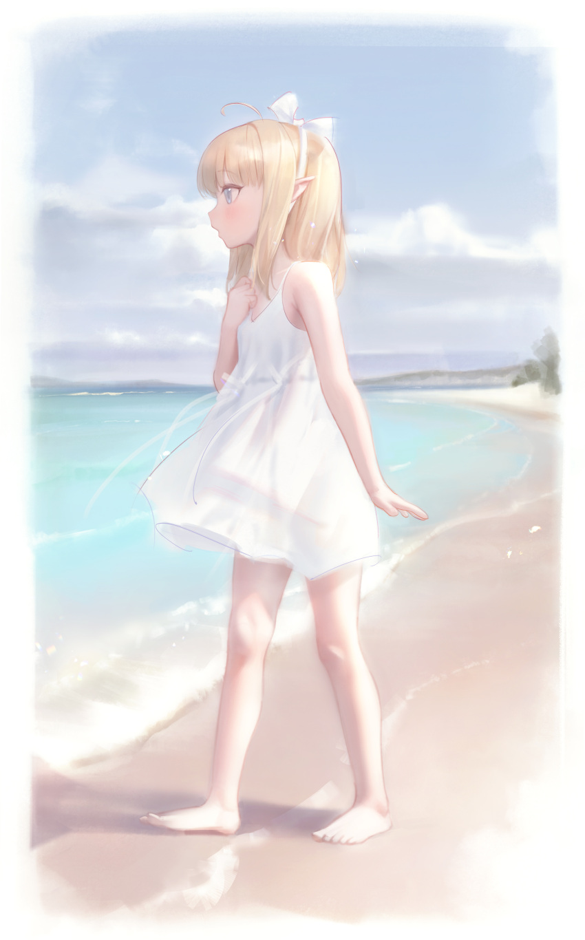 1girl absurdres ahoge arm_at_side bare_arms bare_shoulders barefoot beach bingwei_huang blonde_hair blue_eyes blue_sky bow bow_hairband choker clouds cloudy_sky day dress feet flat_chest hairband hand_on_own_chest highres long_hair looking_ahead ocean original outdoors pointy_ears profile shore sky sleeveless sleeveless_dress solo standing sundress toes water white_bow white_choker white_dress white_hairband