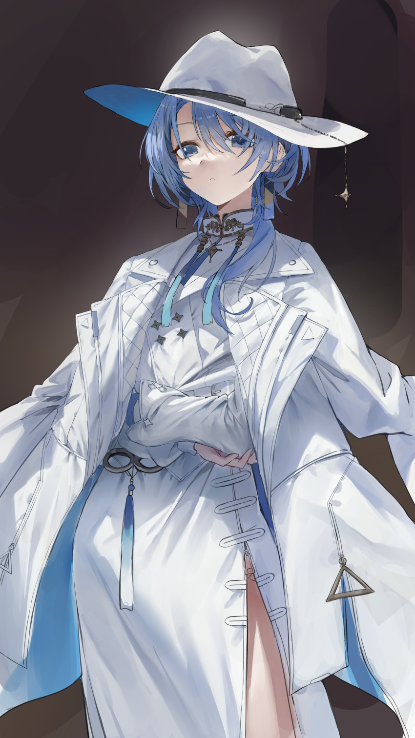 1girl absurdres blue_eyes blue_hair blue_headwear coat coat_on_shoulders contrapposto crossed_arms earrings fudepenbrushpen hair_between_eyes hair_over_shoulder hat_ornament highres hololive hoshimachi_suisei hoshimachi_suisei_(8th_costume) jewelry long_hair long_skirt looking_at_viewer low_ponytail partially_unzipped shirt skirt solo white_coat white_headwear white_shirt white_skirt zipper zipper_pull_tab
