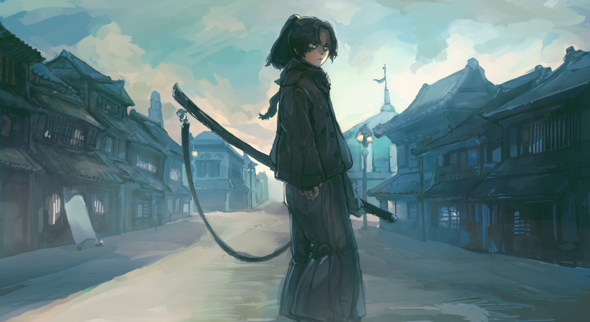 absurdres architecture black_hakama black_jacket brown_jacket buttons character_request closed_mouth clouds cloudy_sky east_asian_architecture flagpole grey_eyes hakama hakama_pants high_ponytail highres holding holding_sword holding_weapon hood hood_down jacket japanese_clothes lamppost looking_at_viewer monte_tako original pants parted_bangs scabbard sheath sheathed sky solo sword town weapon wide_sleeves