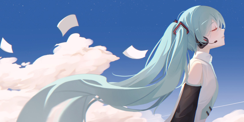 1girl aqua_hair aqua_necktie bare_shoulders black_sleeves blue_sky closed_eyes clouds collared_shirt detached_sleeves floating_hair flying_paper from_side hatsune_miku head_back headset highres komogu_(pixiv_59363256) long_hair necktie outdoors paper parted_lips profile shirt sky smile solo tie_clip twintails upper_body very_long_hair vocaloid white_shirt wind