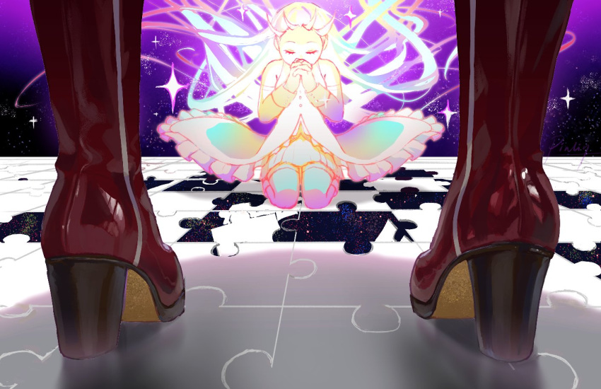 2girls boots closed_eyes floating_hair from_behind full_body high-low_skirt high_heel_boots high_heels kneeling long_hair lower_body magical_girl mahou_shoujo_madoka_magica mahou_shoujo_madoka_magica_(anime) multiple_girls on_floor out_of_frame own_hands_together pinlin puzzle puzzle_piece red_footwear sakura_kyoko space standing star_(sky) surreal thigh-highs
