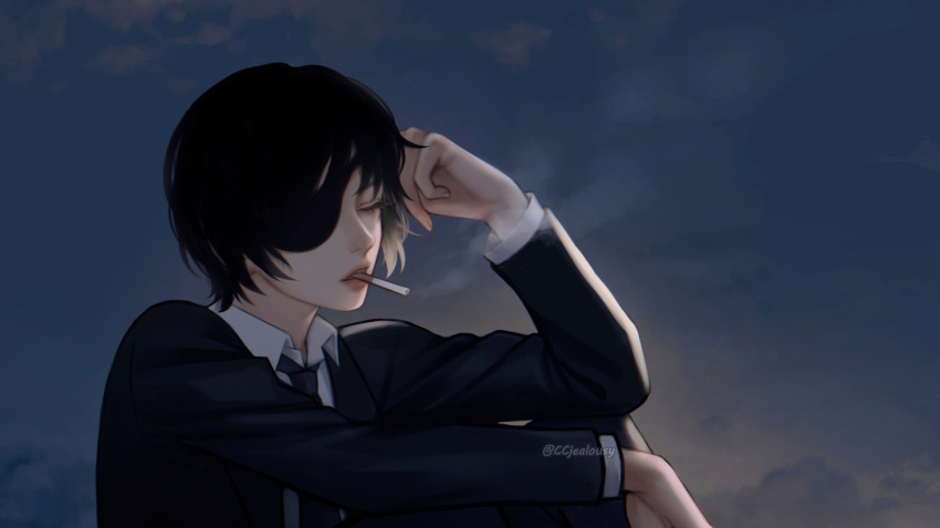 1girl androgynous black_hair black_necktie black_suit chainsaw_man cigarette closed_eyes commentary czy_(2894456992) eyepatch highres himeno_(chainsaw_man) necktie short_hair sitting smoke smoking solo suit twitter_username