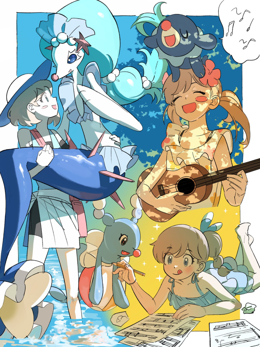1girl :q bag blue_eyes blush brionne carrying closed_eyes dress flower hair_flower hair_ornament hat highres holding instrument light_brown_hair long_hair lying multiple_views music musical_note on_stomach open_mouth pink_flower playing_instrument pokemon pokemon_(creature) popplio primarina sheet_music short_hair side_ponytail singing single_blush_sticker tongue tongue_out twintails vpfjfevol