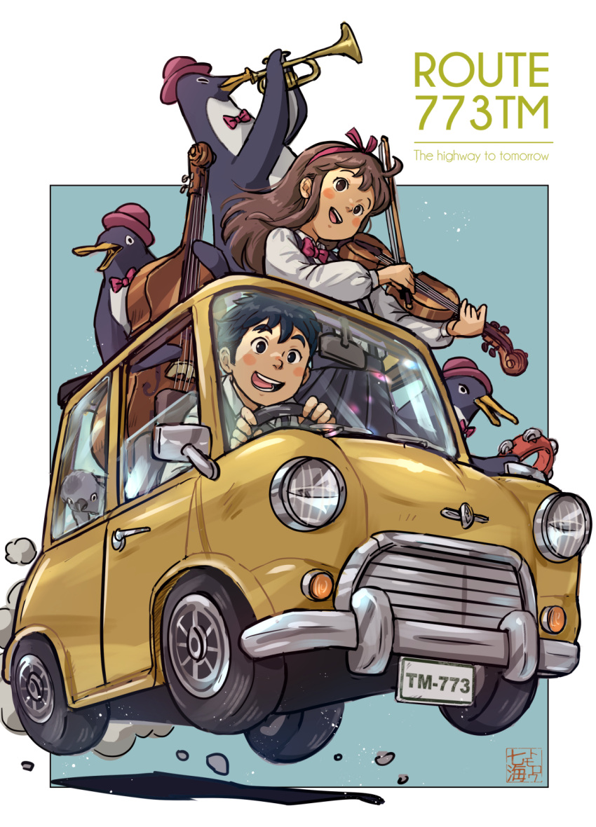 1boy 1girl :d bird black_eyes black_hair black_skirt blue_background blush blush_stickers bow bow_(music) bowler_hat bowtie car cello commentary driving english_text hairband hat highres holding holding_instrument instrument license_plate long_sleeves motor_vehicle music nanami_tomorou original outside_border penguin pink_bow pink_bowtie pink_hairband playing_instrument purple_hat shirt skirt smile suspender_skirt suspenders symbol-only_commentary tambourine trumpet violin white_shirt
