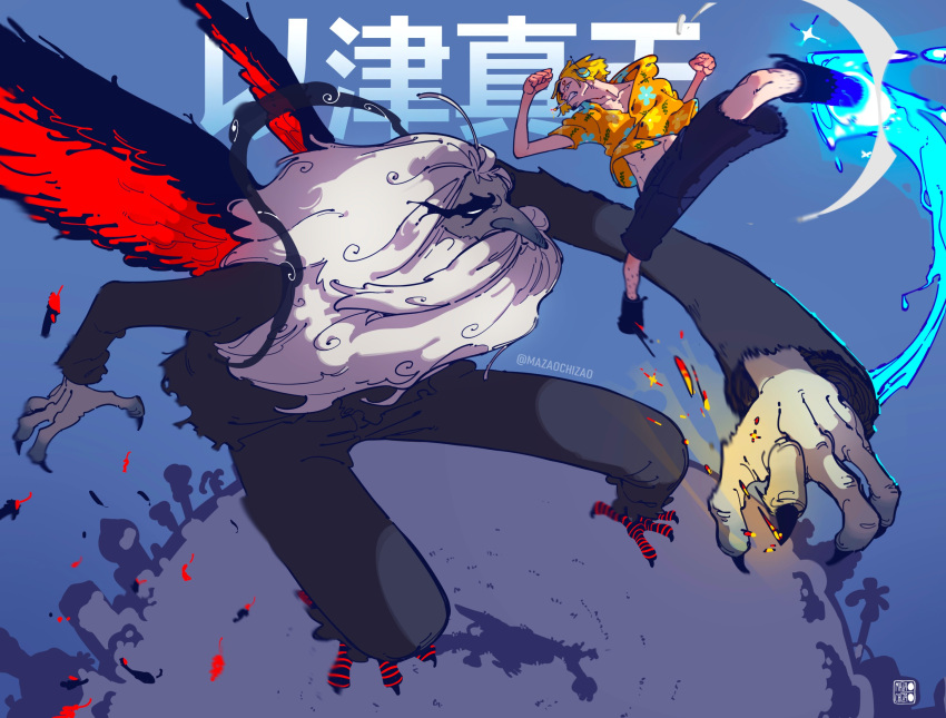 2boys alternate_form artist_name beard bird_legs black_shirt blonde_hair claws clenched_hands facial_hair fighting goatee headphones highres long_hair long_nose male_focus marcus_mars mazaochizao midair monster_boy multiple_boys mustache navel no_pupils one_piece sanji_(one_piece) shirt short_hair size_difference two-tone_wings white_hair wings yellow_shirt