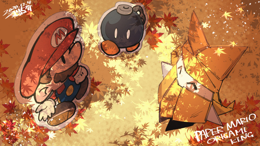 1boy 1girl 2020 autumn blue_overalls bob-omb bobby_(paper_mario) brown_footwear brown_hair closed_eyes commentary_request copyright_name dated dated_commentary dress facial_hair falling_leaves floating from_above gloves leaf looking_at_another mario mustache nikki_kyousuke olivia_(paper_mario) origami outdoors overalls paper paper_mario paper_mario:_the_origami_king red_hat red_shirt shadow shirt solid_oval_eyes super_mario_bros. walking white_gloves winding_key yellow_dress yellow_hat