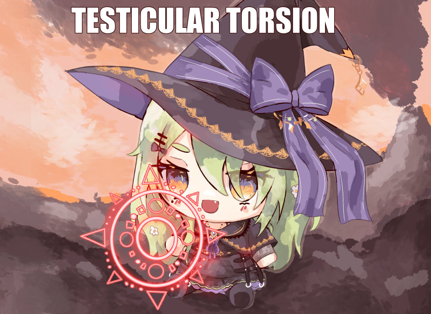 1girl :d black_capelet black_dress black_hat bow capelet ceres_fauna ceres_fauna_(goth) ddrawins dress english_text fang full_body goth_fashion green_hair hat hat_ribbon highres hololive hololive_english impact_(font) magic_circle meme official_alternate_costume purple_bow purple_ribbon ribbon sitting smile solo testicular_torsion virtual_youtuber witch_hat yellow_eyes
