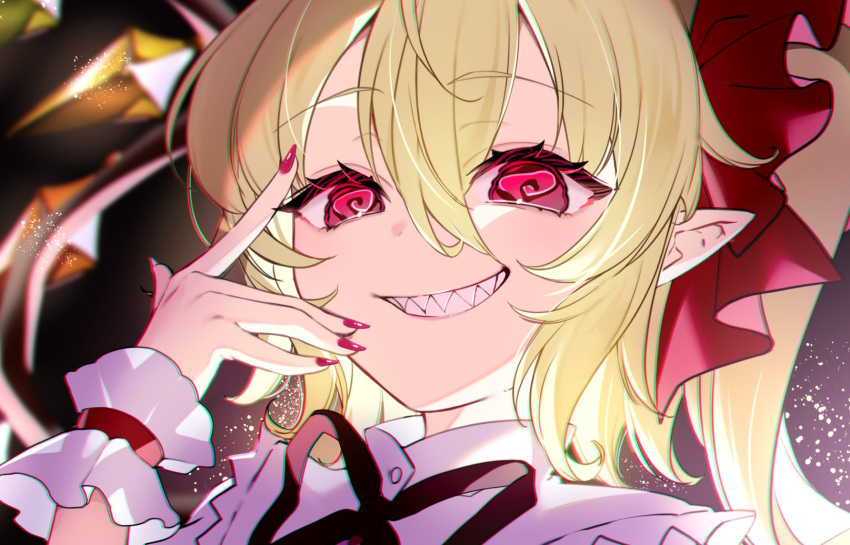 1girl @_@ black_background black_ribbon blonde_hair blurry close-up colored_eyelashes commentary_request crazy_eyes crazy_smile crystal depth_of_field eyelashes fingernails flandre_scarlet frilled_wrist_cuffs frills grin hair_between_eyes hair_ribbon hand_up highres index_finger_raised lips long_fingernails looking_at_viewer medium_hair nail_polish neck_ribbon paragasu_(parags112) pointy_ears red_eyes red_nails red_ribbon red_wrist_cuffs ribbon sharp_teeth side_ponytail simple_background smile solo teeth touhou tsurime wings wrist_cuffs