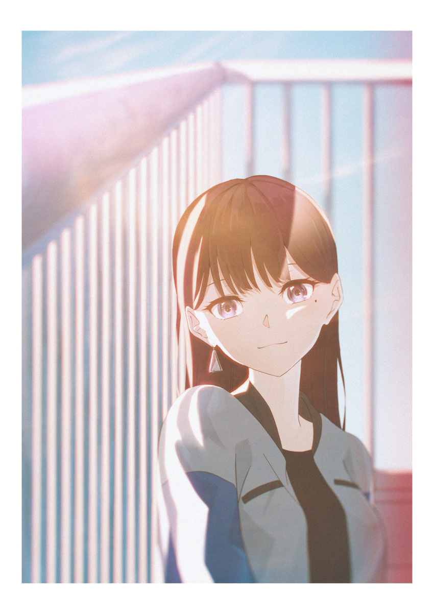 1girl absurdres bang_dream! bang_dream!_it's_mygo!!!!! black_shirt blue_sky blurry blurry_background brown_hair closed_mouth commentary day earrings highres jacket jewelry long_hair looking_at_viewer mole mole_under_eye open_clothes open_jacket outdoors railing shiina_taki shirt shu_atelier sky smile solo upper_body violet_eyes white_jacket