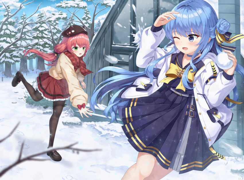 2girls black_footwear black_thighhighs blue_eyes blue_hair blurry blurry_foreground bow bowtie brown_hat brown_shirt clouds collared_shirt feet_out_of_frame hair_bow hair_bun hair_tie highres hololive hoshimachi_suisei jacket light_blush lu_b multiple_girls necktie one_eye_closed pine_tree pink_hair pleated_skirt red_bow red_scarf red_skirt sakura_miko scarf shirt single_side_bun skirt snow snowball standing standing_on_one_leg starry_sky_print striped_clothes striped_scarf thigh-highs throwing tree white_jacket winter yellow_bow