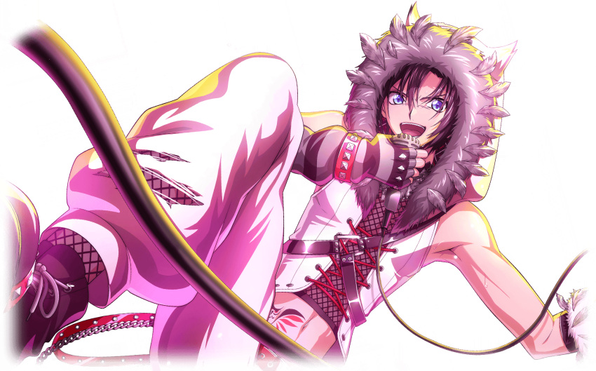 1boy arm_up armpits artist_request bare_shoulders belt belt_chain black_footwear black_hair black_shirt black_socks blue_eyes cable chest_harness code_geass code_geass:_lost_stories crop_top dutch_angle fingerless_gloves fishnet_socks fishnet_top fishnets fur-trimmed_hood fur_trim game_cg gloves grey_feathers grey_gloves hair_between_eyes hand_up happy harness highres holding holding_microphone hood hood_up hooded_vest hoodie looking_at_viewer male_focus mario_disel microphone midriff music navel non-web_source official_art open_mouth pants shirt shoes short_hair sidelocks simple_background singing sleeveless sleeveless_shirt smile socks solo spread_legs squatting stomach stomach_tattoo striped_clothes striped_gloves sweat tattoo teeth toned torn_clothes torn_pants transparent_background v-shaped_eyebrows vest white_pants white_vest