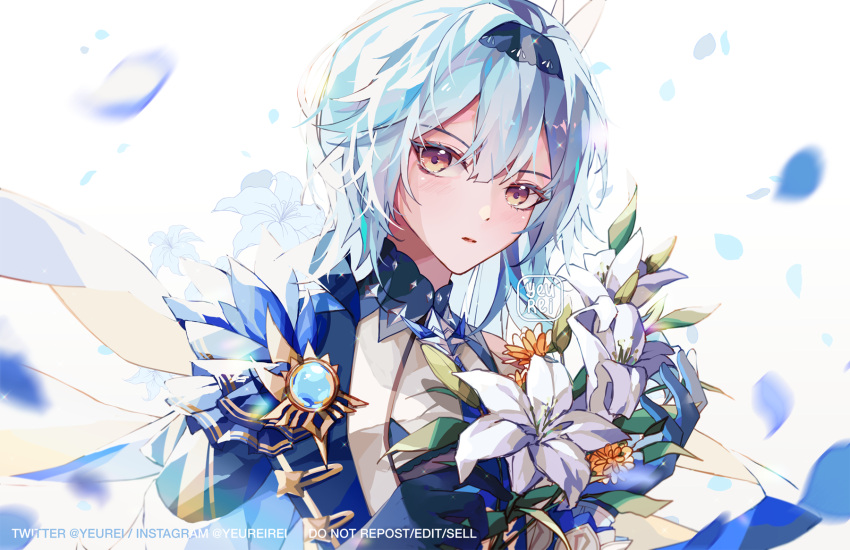 1girl artist_name black_hairband blue_cape blue_gloves blue_hair cape cecilia_flower_(genshin_impact) eula_(genshin_impact) falling_petals floating_cape flower genshin_impact gloves hairband hands_up highres holding holding_flower instagram_username light_blush looking_at_viewer medium_hair parted_lips petals red_eyes simple_background solo twitter_username upper_body vision_(genshin_impact) white_background white_flower yeurei